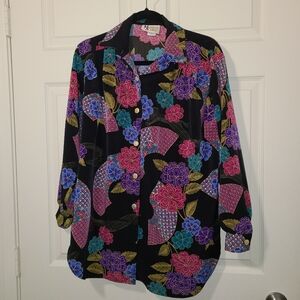 Vintage 90s Maggie Sweet Floral Japanese Art Button Up Shirt Women's Size S Y2K
